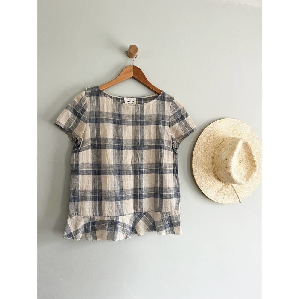 Sézane | Cassandre Short Sleeve Blouse | Blue and White | Fr Sz 36 / US Sz 4